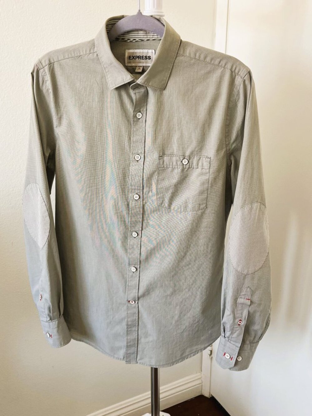 EXPRESS Men's Shirt Small Fitted Gray Micro Pattern Elbow Patches Long Sleeve S